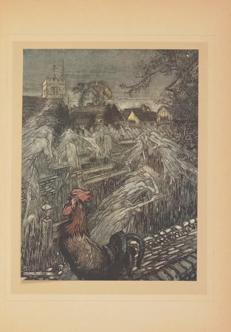 …Les fantomes errant de ci et de la se rendent en troupe à leurs logis, dans des cimetières av Arthur Rackham