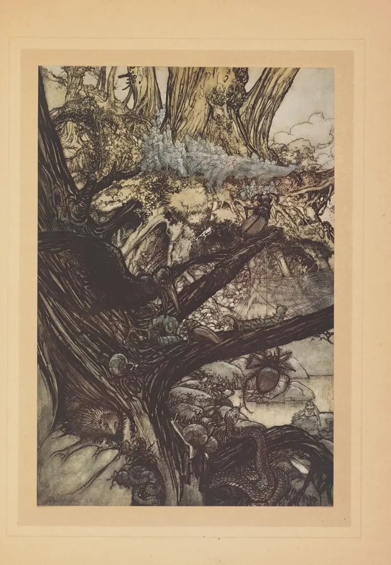 Må aldrig olycka, förbannelse eller trolldom nalkas vår älskvärda drottning av Arthur Rackham