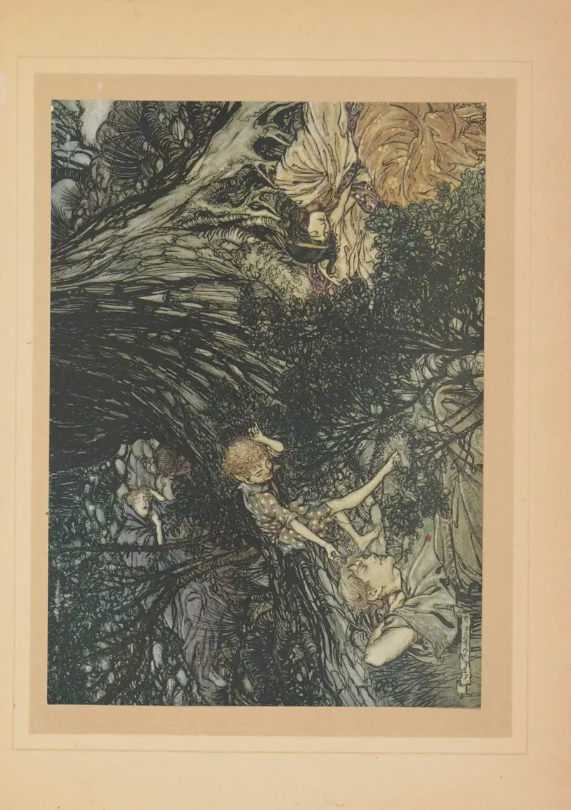 Auf der Erde, schlaf tief, auf deine Augen werde ich, sanfter Liebhaber, das Heilmittel auftragen von Arthur Rackham