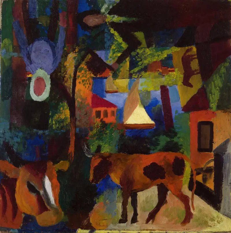 Pejzaż z krowami, żaglówką i postaciami, August Macke