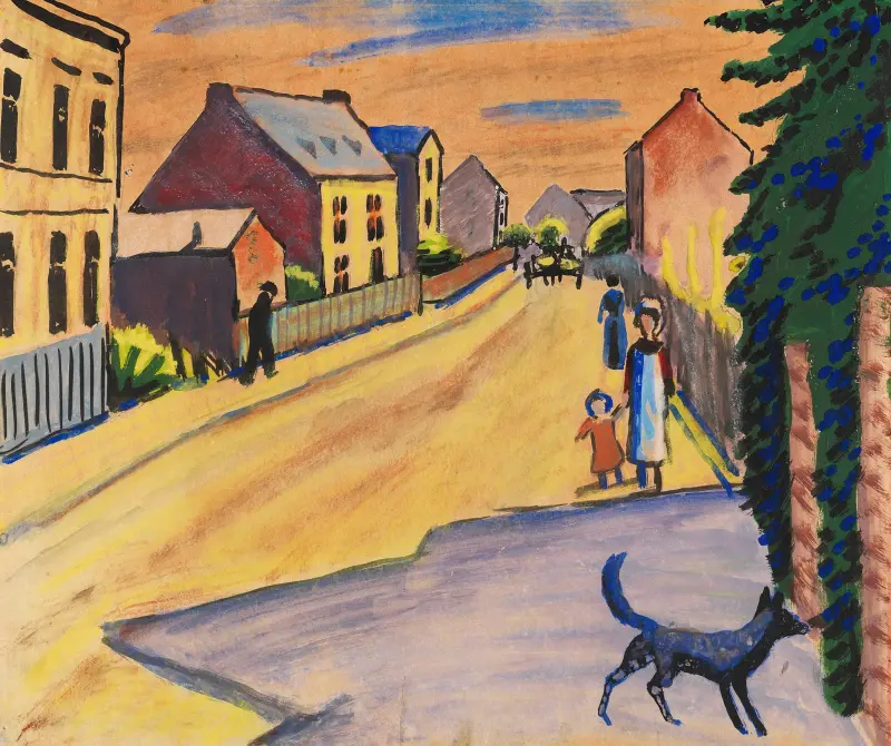 Sonnige Straße mit Hund av August Macke