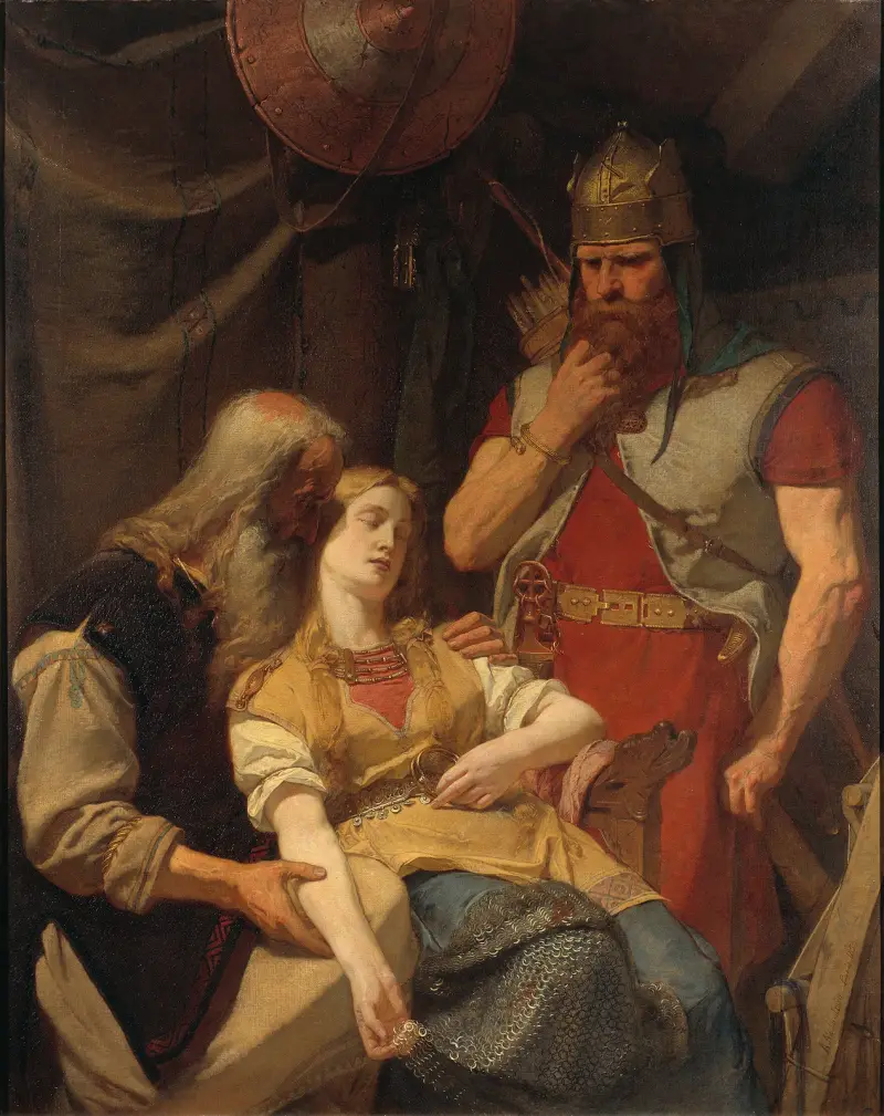 Ingeborg empfängt die Nachricht von Hjalmars Tod durch Orvar Odd von August Malmström
