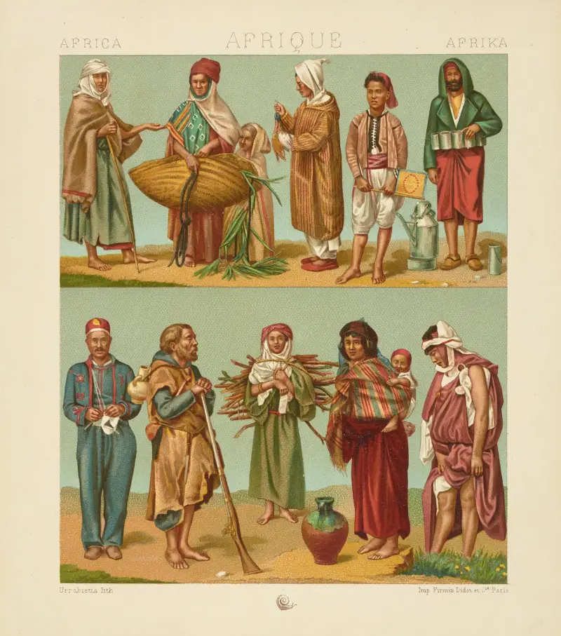 Algérie et Tunisie;  types divers;  costumes et habillement des classes inférieures av Auguste Racinet