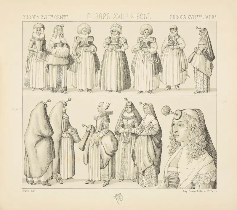 England, Brabant, Tyskland och Frankrike – kvinnodräkter 1640–1650 – damerna med hårtofsar av Auguste Racinet