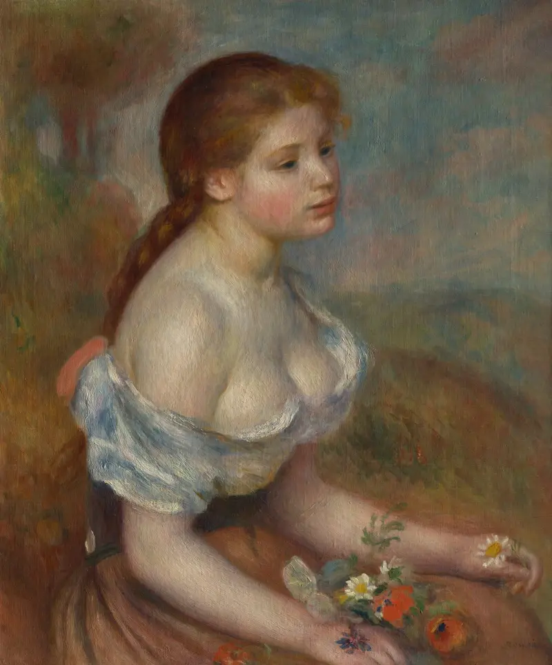 Ung flicka med prästkragar av Pierre-Auguste Renoir