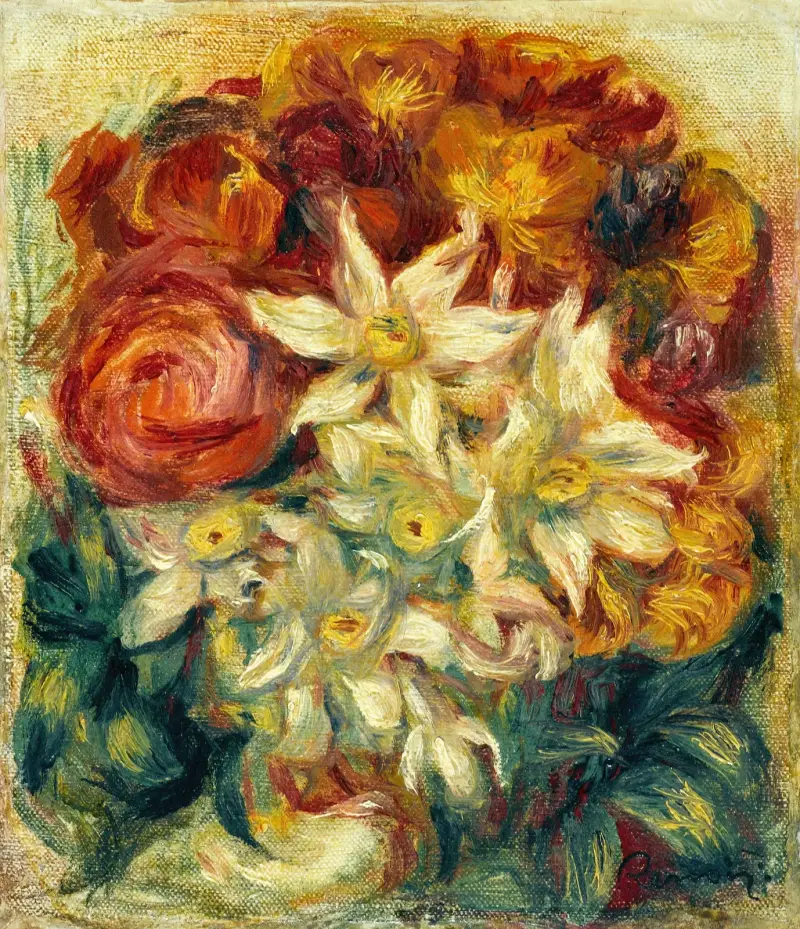 Bukett med narcissor och rosor av Pierre-Auguste Renoir