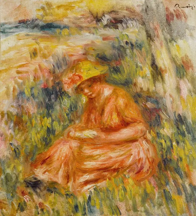 Kvinna läsande i landskap av Pierre-Auguste Renoir