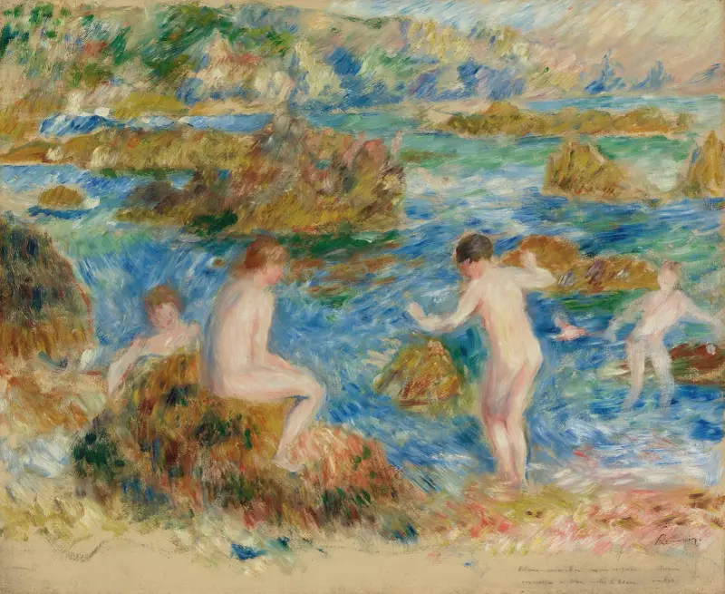 Nakna pojkar bland klipporna på Guernsey av Pierre-Auguste Renoir