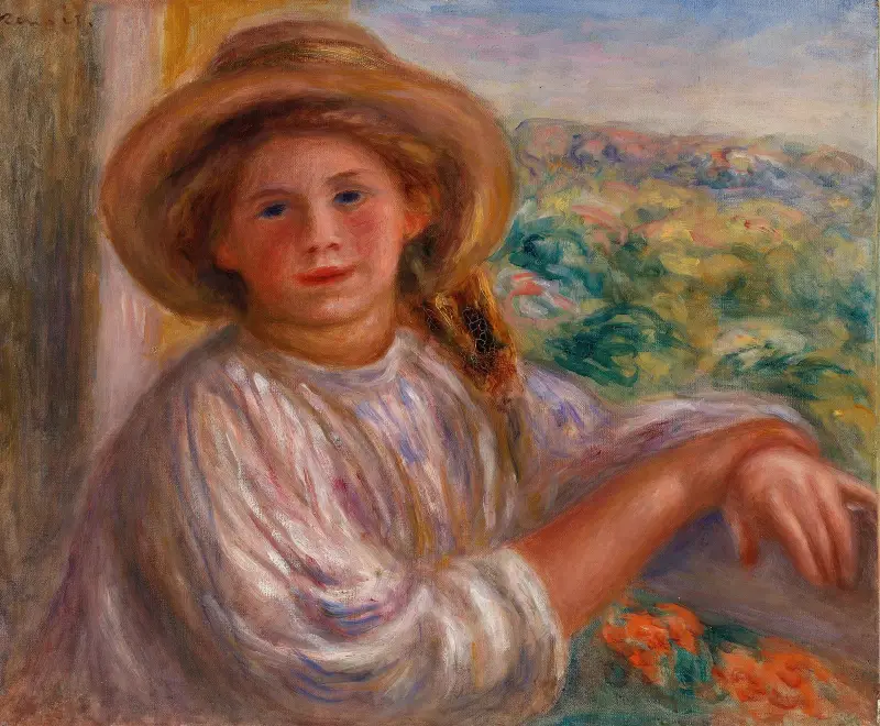Ung kvinna på balkong, Cagnes av Pierre-Auguste Renoir