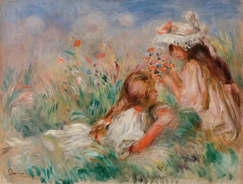 Flickor i gräset som ordnar en bukett av Pierre-Auguste Renoir