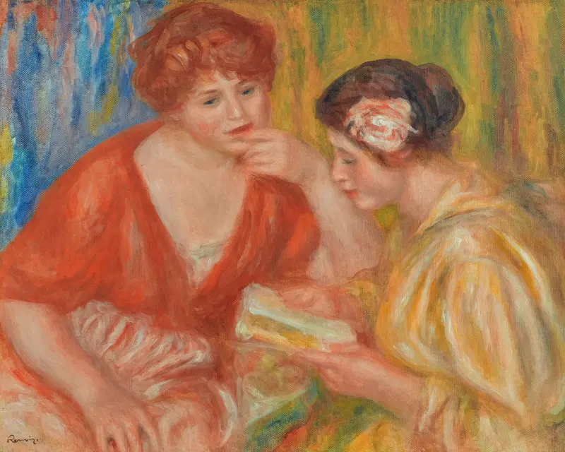 Die Lektüre, zwei Frauen in roten und rosa Blusen von Pierre-Auguste Renoir
