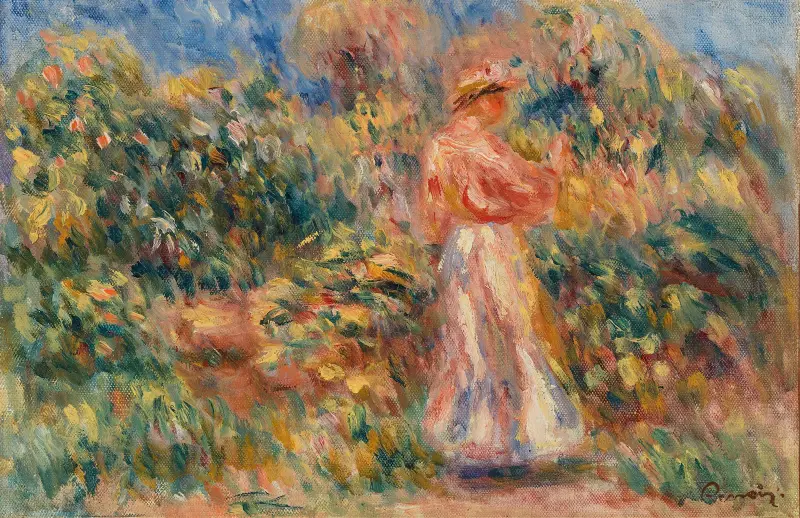 Landskap med kvinna i rosa och vitt av Pierre-Auguste Renoir
