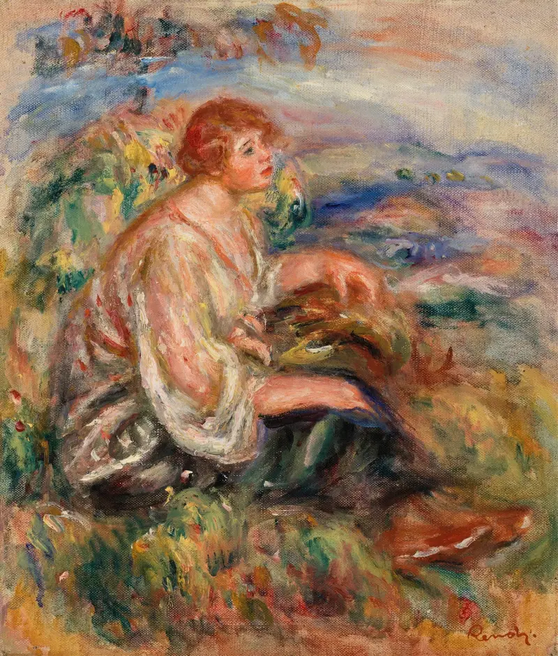 Frau in Tüllbluse und schwarzem Rock in einer Landschaft von Pierre-Auguste Renoir