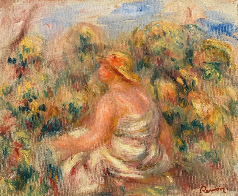 Frau mit Hut in einer Landschaft von Pierre-Auguste Renoir