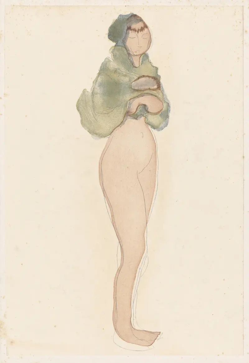Female nude, standing, green wrap around shoulders and head, Auguste Rodin