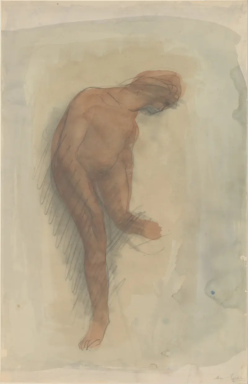 Nude female figure holding left foot, Auguste Rodin