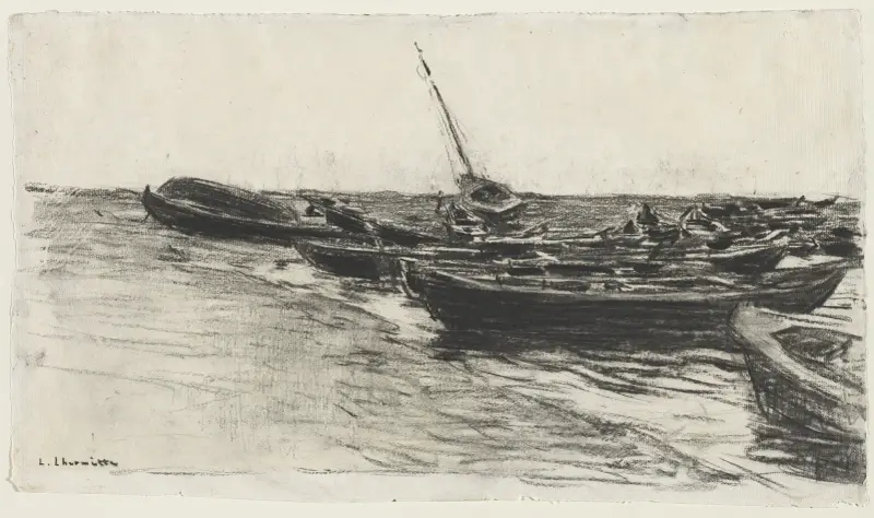 Fiskebåtar på stranden vid Étretat av Léon Augustin Lhermitte