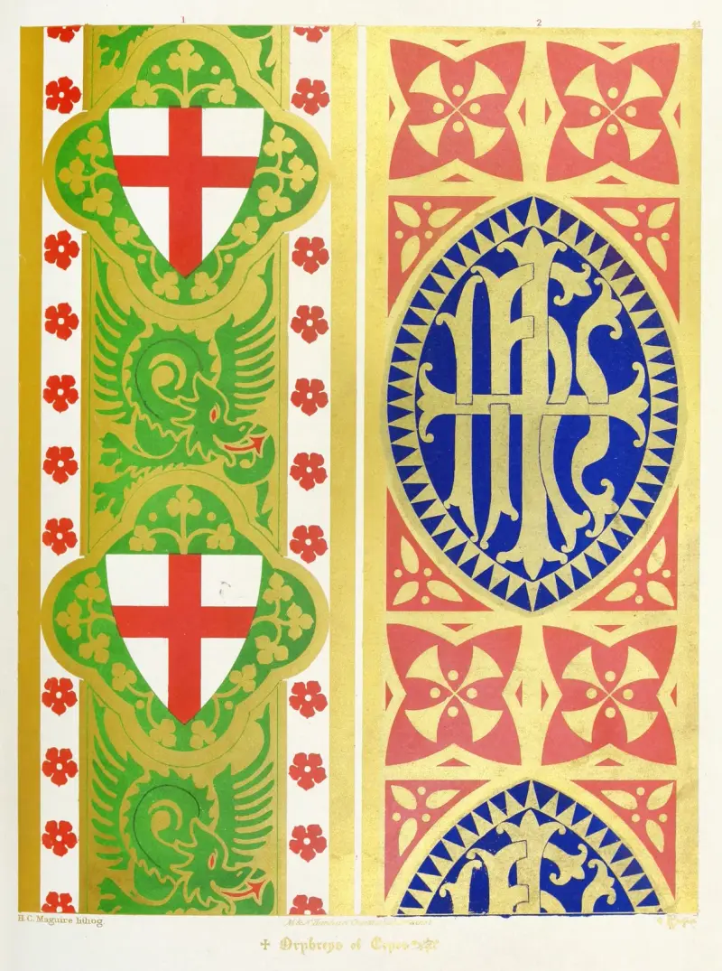 Orphrey-bräm på kappor: 1. Sankt Göran, sköld och drake; 2. De fem korsen med det heliga namnet i det första av Augustus Pugin