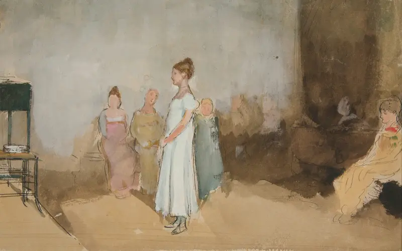 Skiss av en kvinna i en interiör av Edwin Austin Abbey