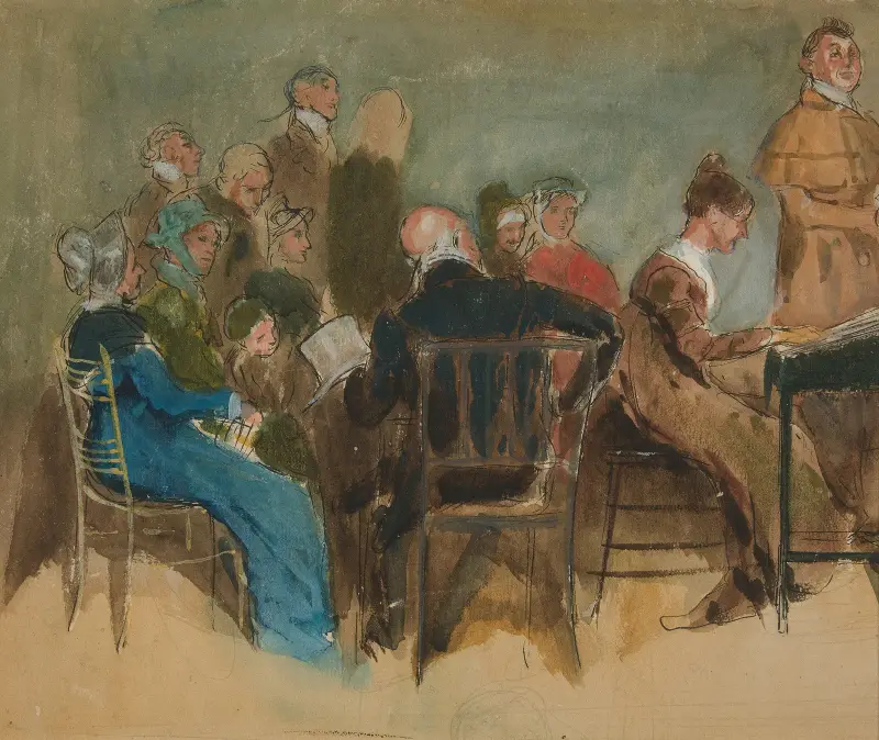 Skiss av kvinnor i en interiör – oidentifierad illustration av Edwin Austin Abbey
