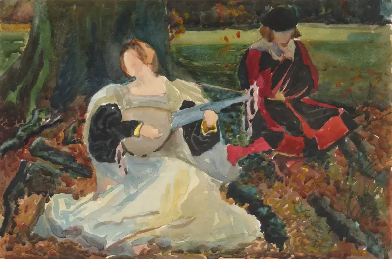 Studier för ”Fair is my love”, målning i Municipal Art Gallery, Preston, England av Edwin Austin Abbey