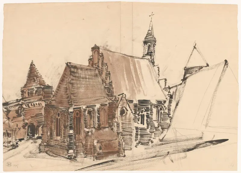 Belgien. Gotisk arkitektur. Kyrka och fragment av mur med port av Stanisław Noakowski