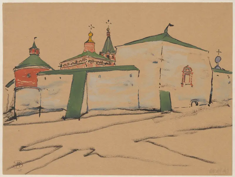 Östorthodoxe Kirche hinter einer Mauer mit Mauerturm von Stanisław Noakowski