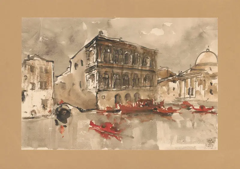 Gondoler framför ett palats vid Canal Grande av Stanisław Noakowski