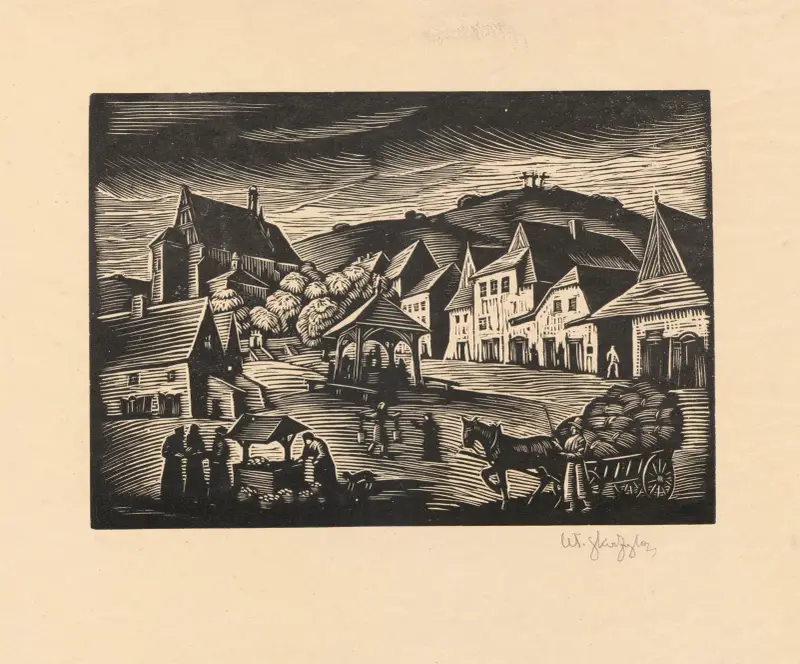 Torg i Kazimierz med spannmålslass av Władysław Skoczylas