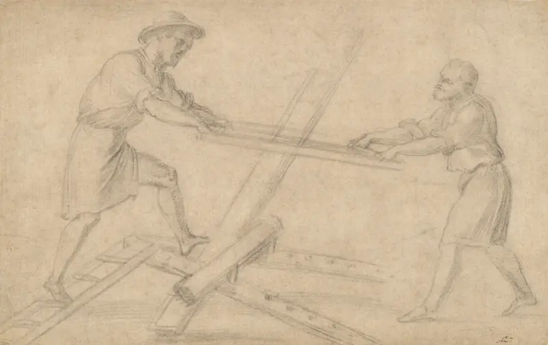Two men sawing a plank av Baccio Bandinelli