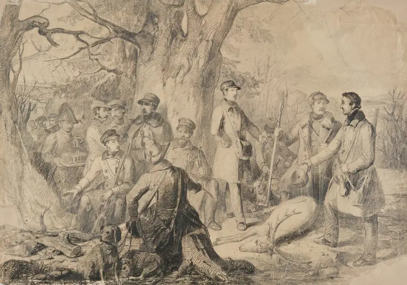 Großherzogliche Jagdgesellschaft mit erlegtem Hirsch (Vorstudie) von Johann Baptist Kirner