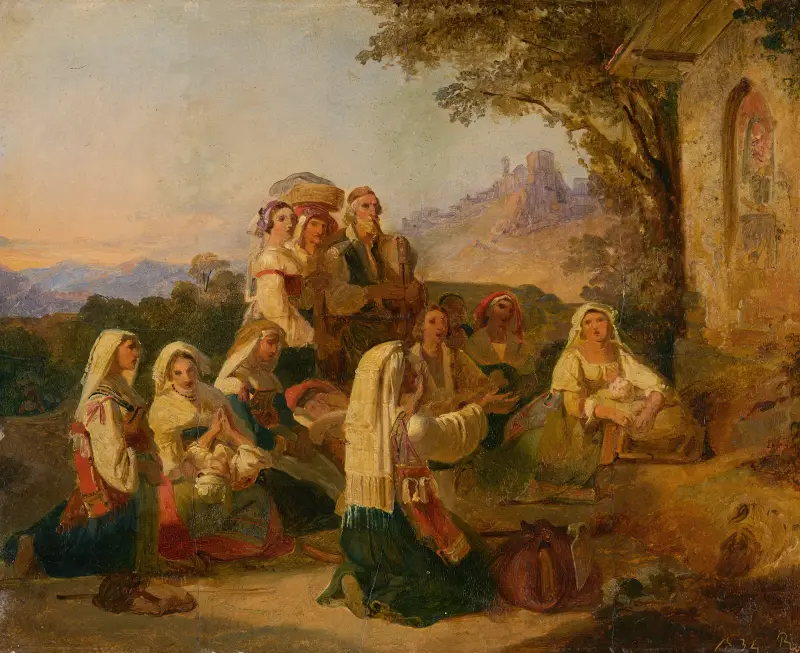 Italienska bönder i bön vid ett vägkapell nära Cervara av Johann Baptist Kirner