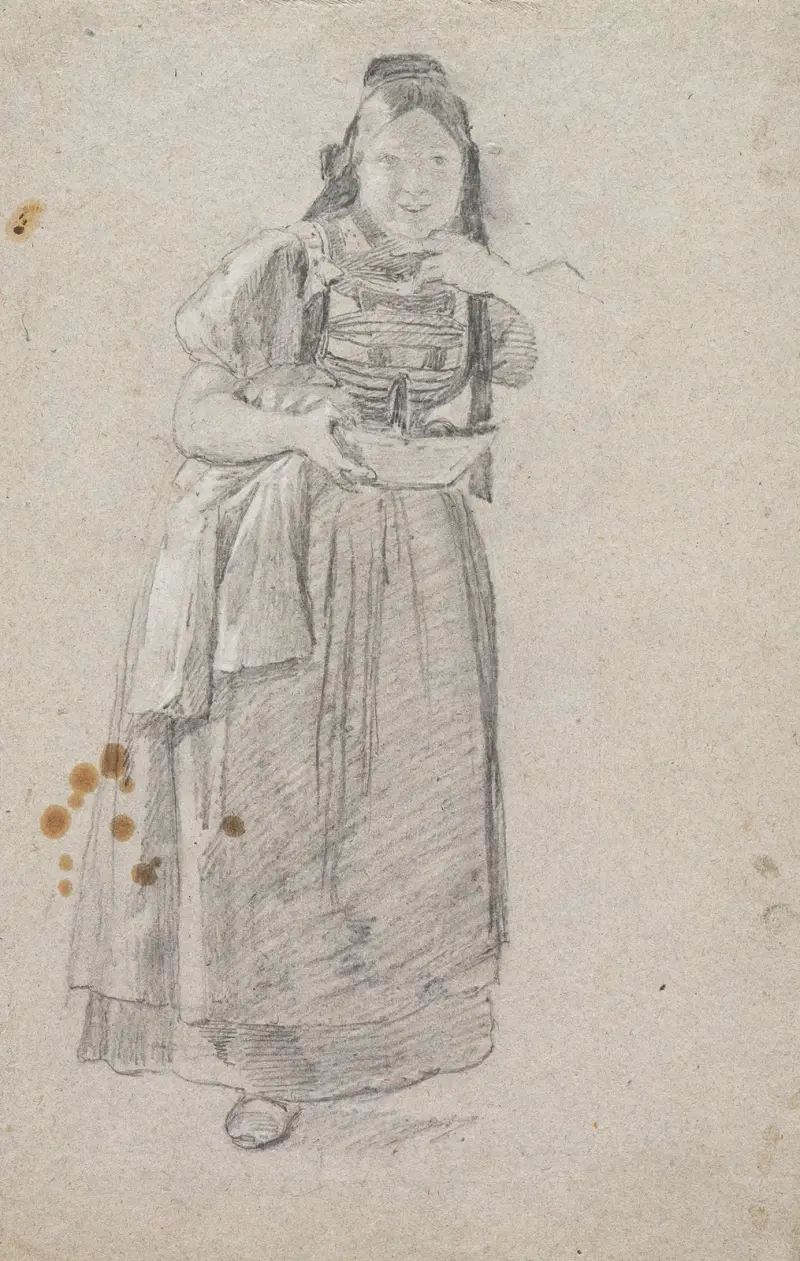 Junge Schwarzwälderin, lauschend (mit Nähkästchen und Bluse) von Johann Baptist Kirner