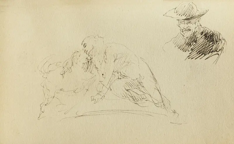 Studie av två omfamnande personer och en byst av en man med hatt av Jean-Baptiste Carpeaux
