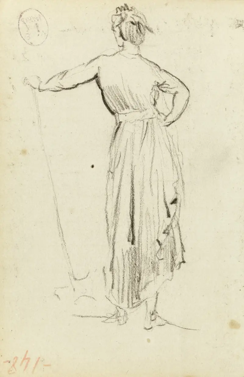 Studie av en stående kvinna bakifrån, med vänster hand stödd mot en spade av Jean-Baptiste Carpeaux