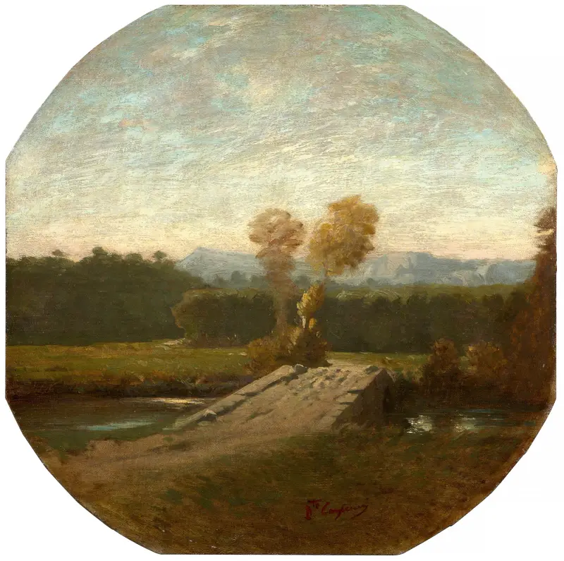 Skogslandskap med bro och vattendrag av Jean-Baptiste Carpeaux