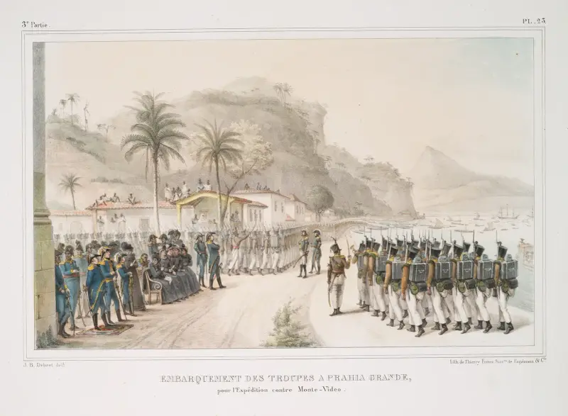Truppernas embarkering vid Praia Grande för expeditionen mot Montevideo av Jean Baptiste Debret