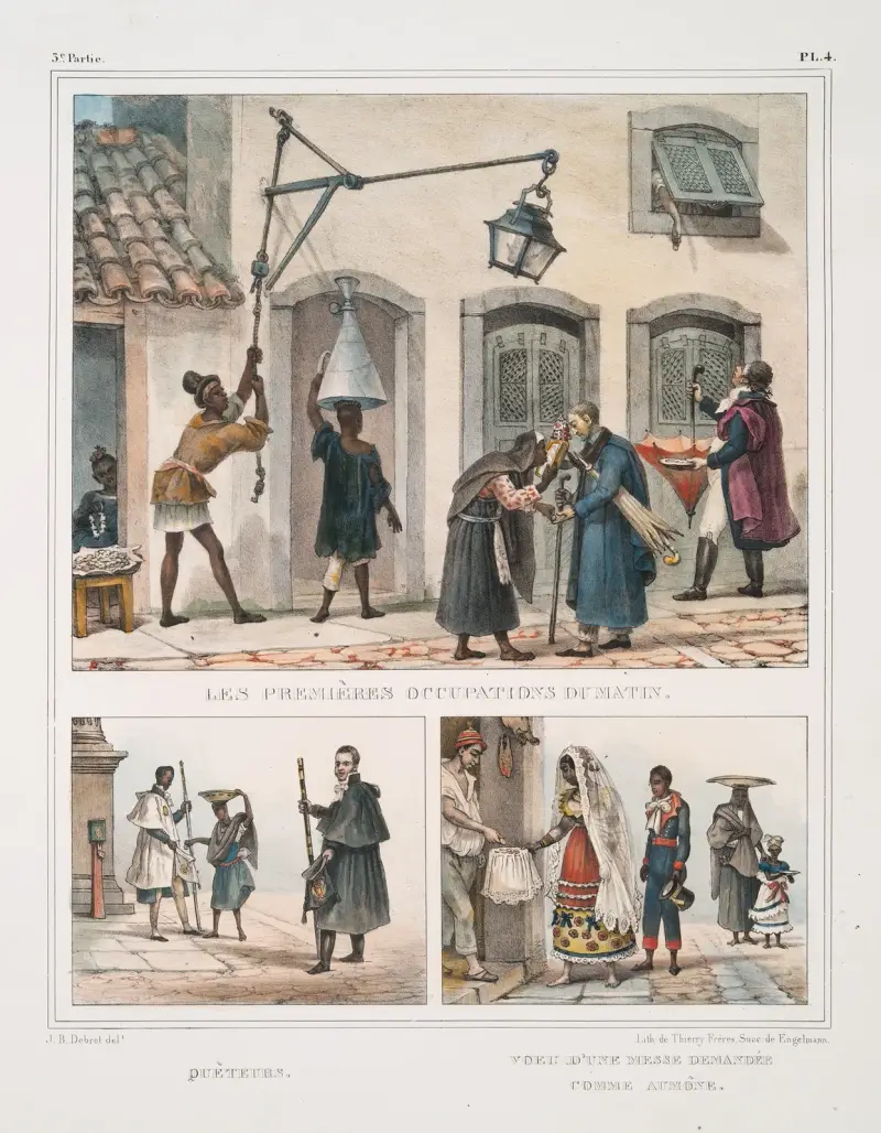 Morgonens första sysslor; Allmoseinsamlare; Löfte om en mässa som begärs som allmosa av Jean Baptiste Debret