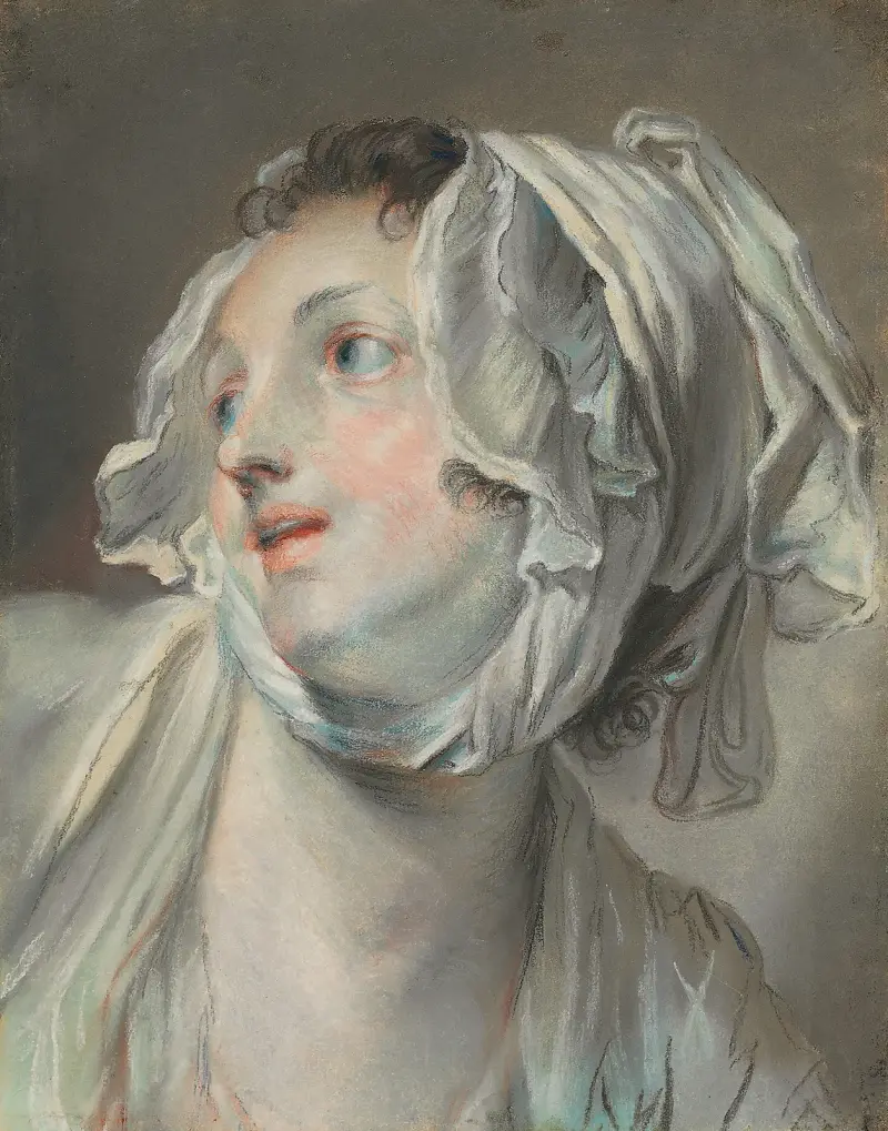 Huvud av en ung kvinna med mössa, vänd åt vänster av Jean-Baptiste Greuze