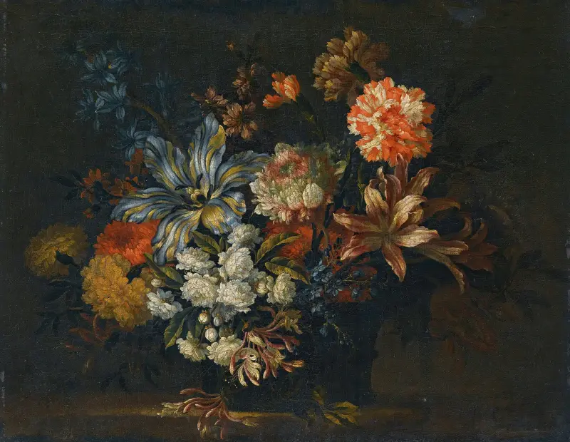 Stilleben mit Lilien, Geißblatt und anderen Blumen in einer Vase auf einem Sims von Jean-Baptiste Monnoyer