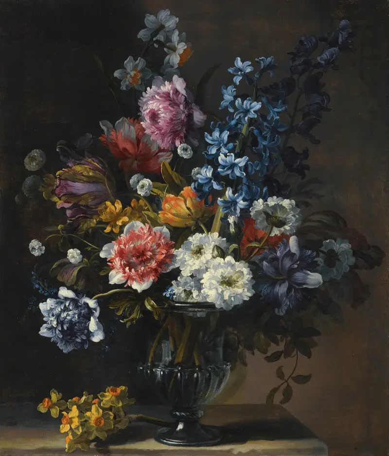 Stilleben med tulpaner, hyacint och andra blommor i glasvas på stensockel av Jean-Baptiste Monnoyer