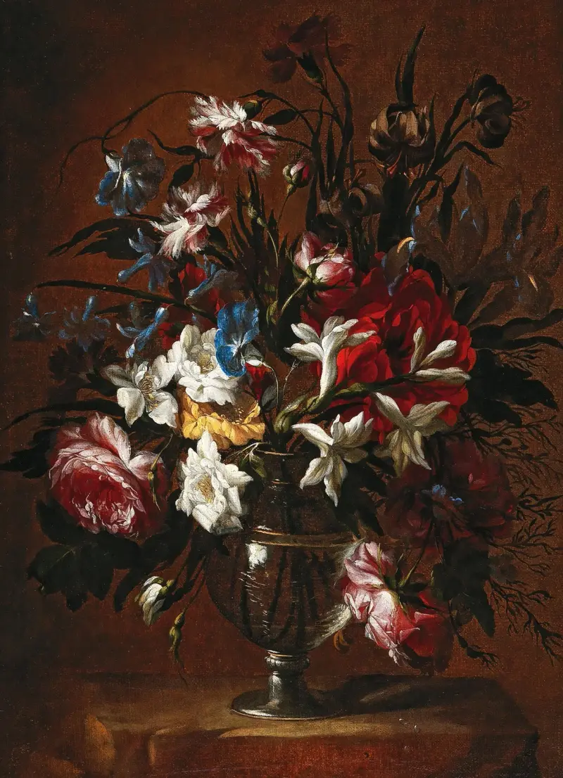Nejlikor, rosor, liljor och andra blommor i en vas på en klippavsats av Jean-Baptiste Monnoyer