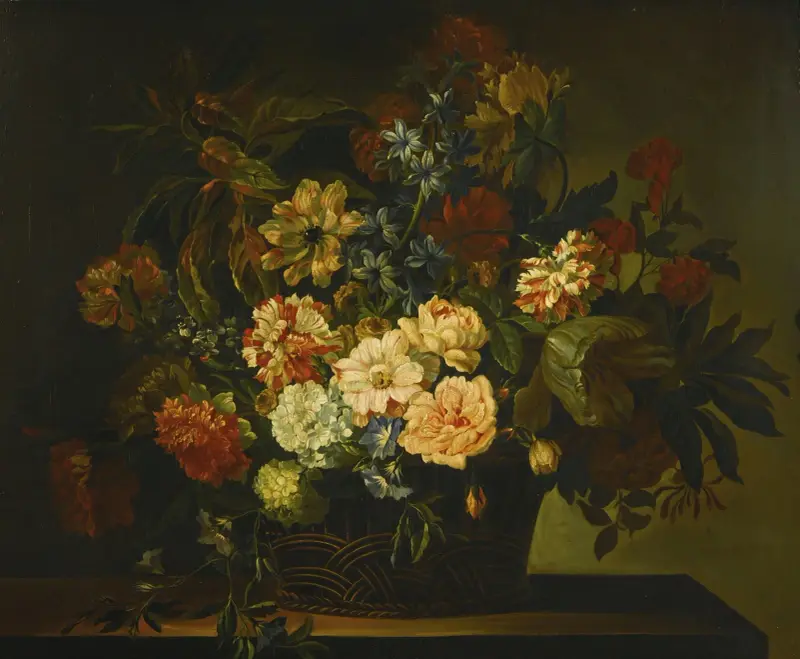 Dahlior, tulpaner, kaprifol och andra blommor i en korg på ett bord av Jean-Baptiste Monnoyer