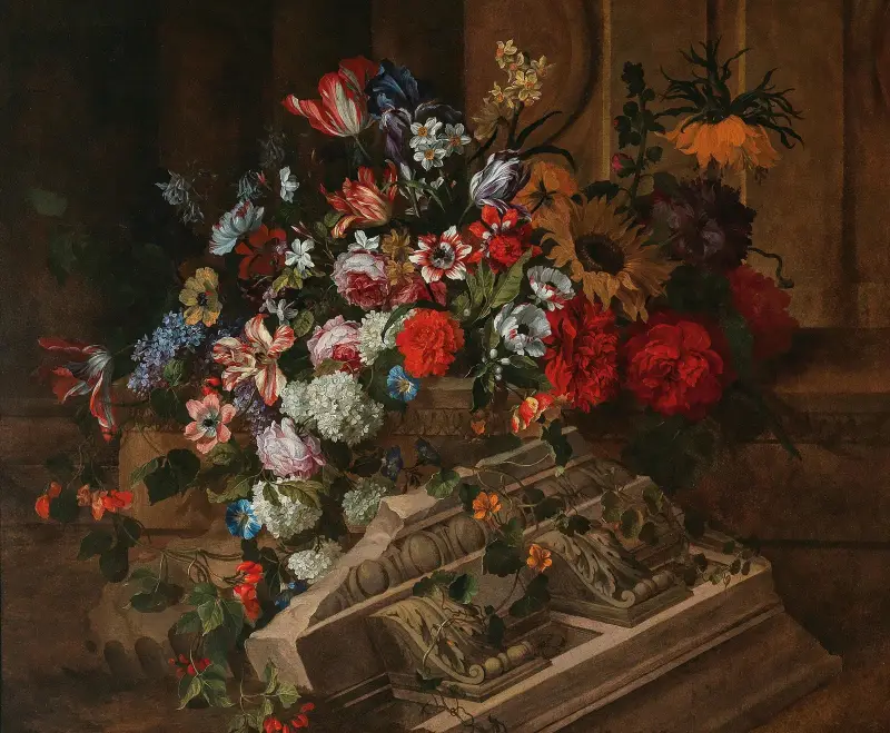 Blommor vid en klassisk kornisch på en terrass av Jean-Baptiste Monnoyer