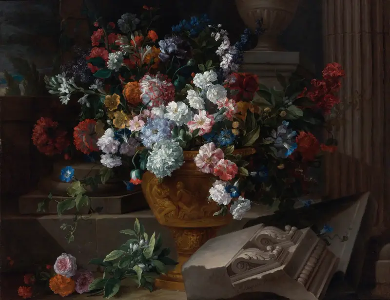Stilleben med blommor i en skulpterad urna med arkitekturfragment på en terrass av Jean-Baptiste Monnoyer