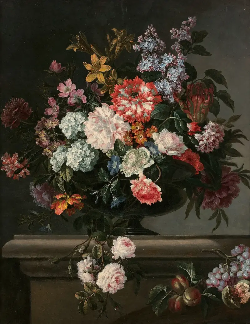 Vas med blommor och frukt på en stenhylla av Jean-Baptiste Monnoyer