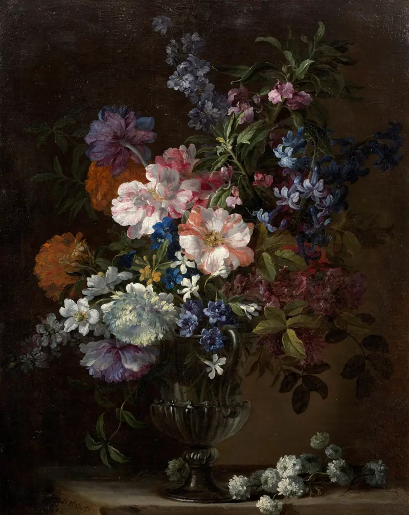 Vase de fleurs sur un entablement av Jean-Baptiste Monnoyer