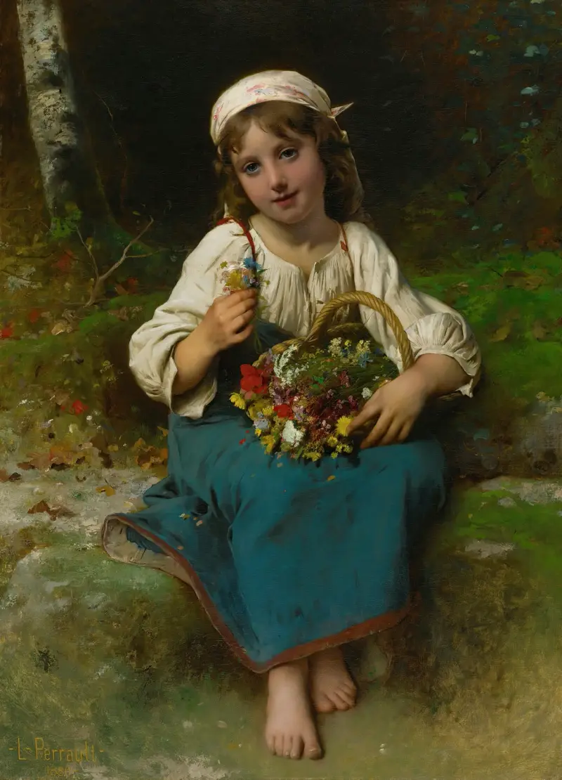 Ung flicka med blomsterkorg av Léon-Jean-Basile Perrault