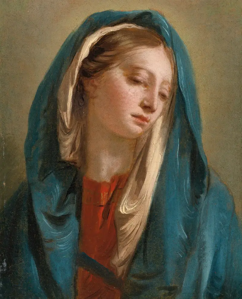 Madonnan frontalt vänd med blå mantel av Giovanni Battista Tiepolo