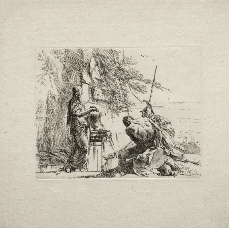 Kvinna stående med händerna på en vas av Giovanni Battista Tiepolo